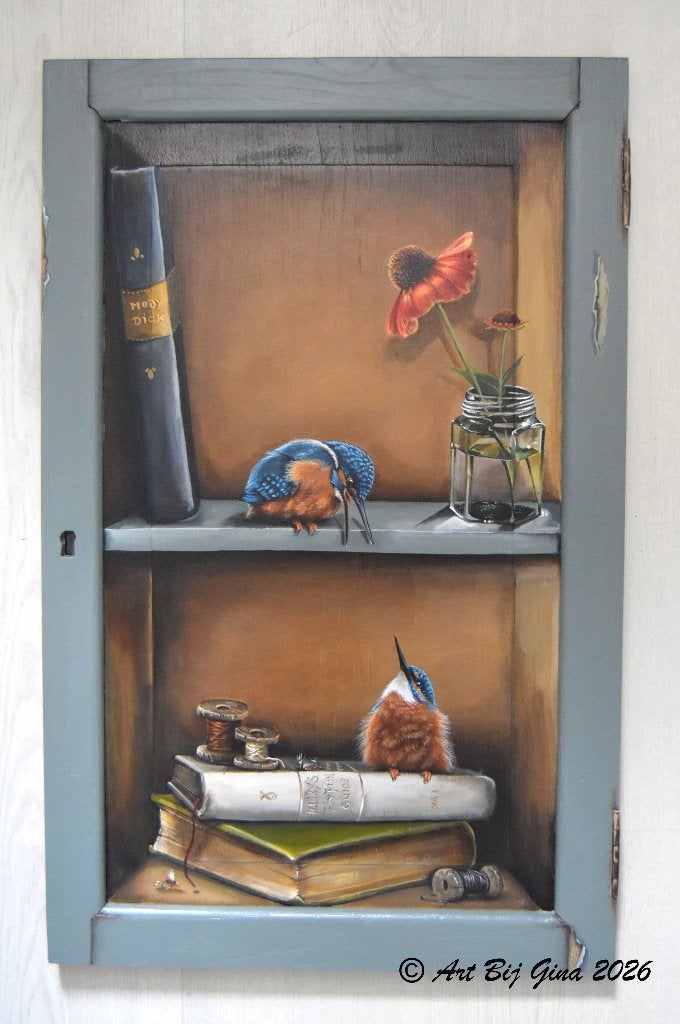 Laten we vissen! Mooi schilderij op een oud houten deurtje, Antiek en Kunst, Acrylverf, Hout, Ophalen of Verzenden, Dieren
