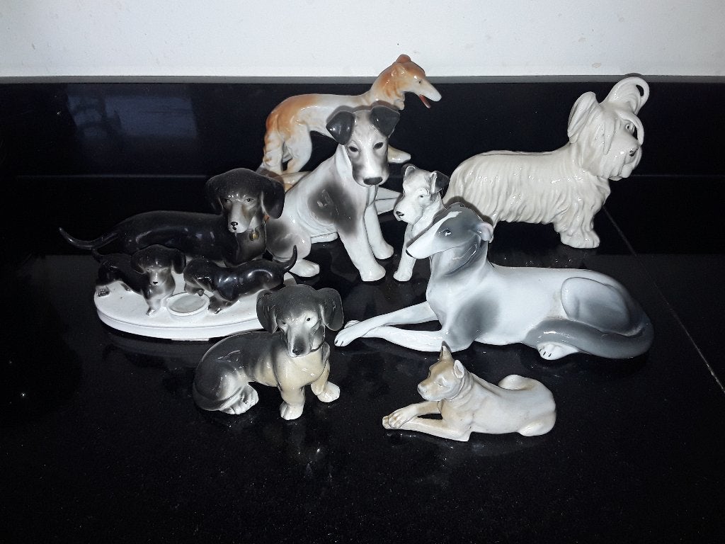 Collectie antieke porseleinen honden beelden, Verzenden, Zo goed als nieuw, Porselein, Beeldje(s)