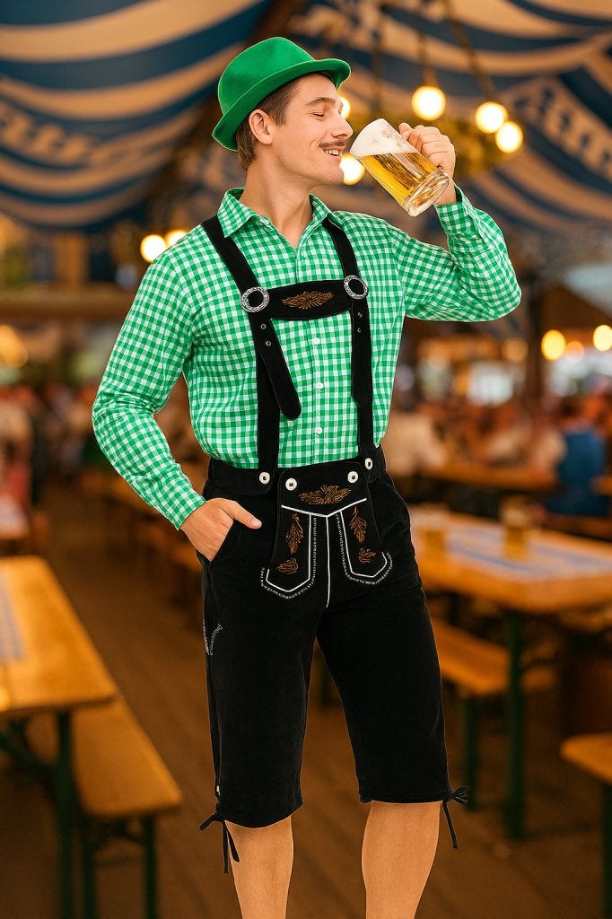 Groen Oktoberfest Kostuum met Zwarte Lederhosen - Maat XL, Kleding | Heren, Carnavalskleding en Feestkleding, Niet ingevuld, Niet ingevuld