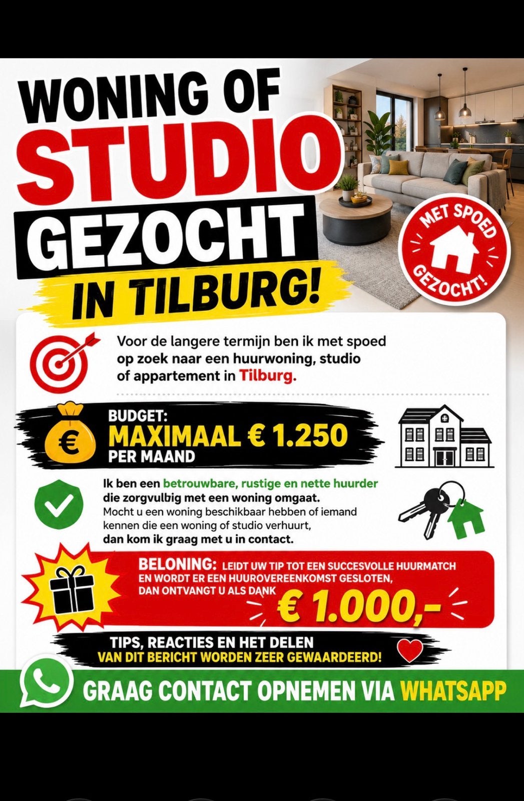 Woning/ Appartement of studio gezocht in Tilburg, Huizen en Kamers, Studio, Noord-Brabant