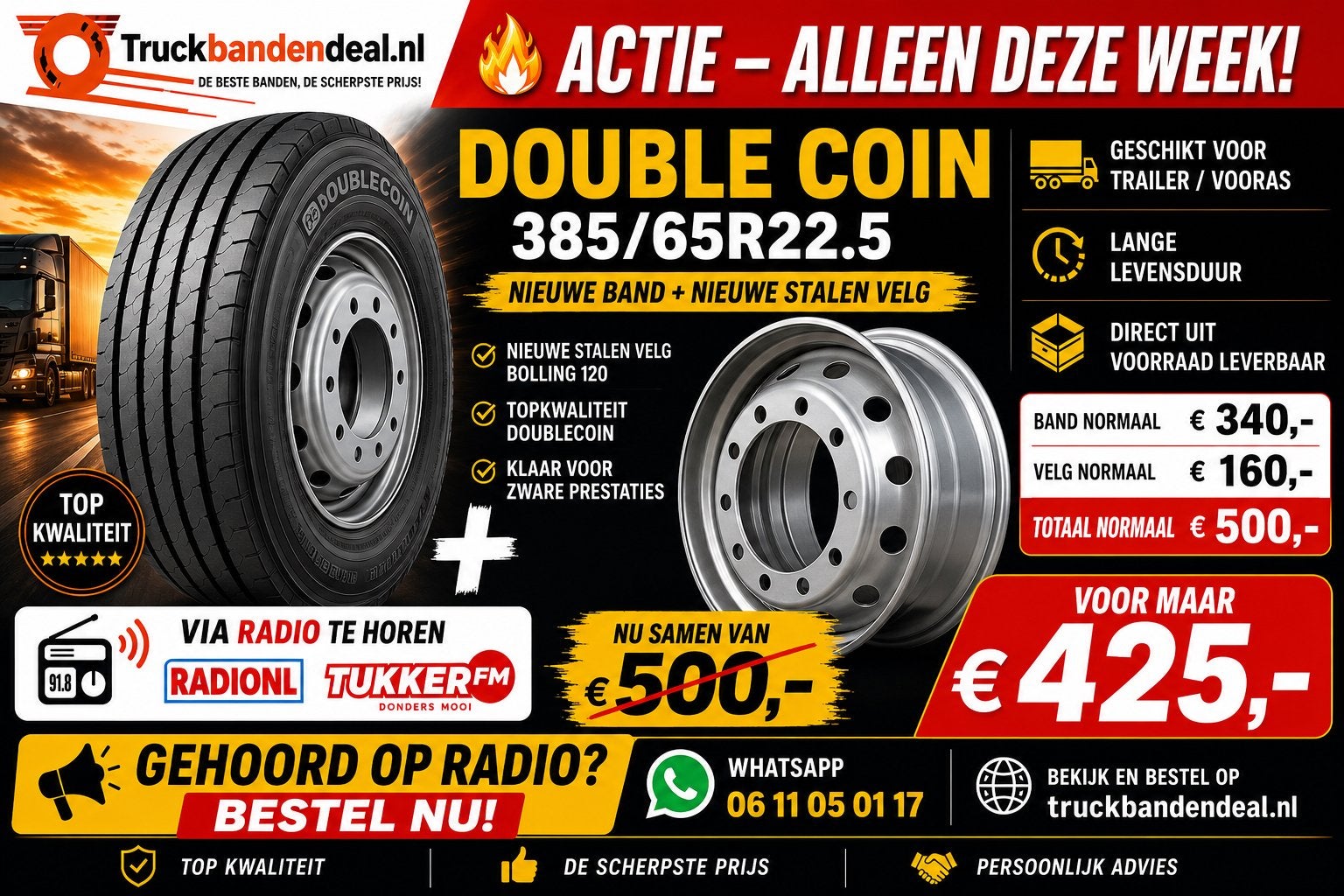 Double Coin 385/65R22.5 Banden en Velgen Actie, Auto-onderdelen, Vrachtwagen-onderdelen, Ophalen, Nieuw