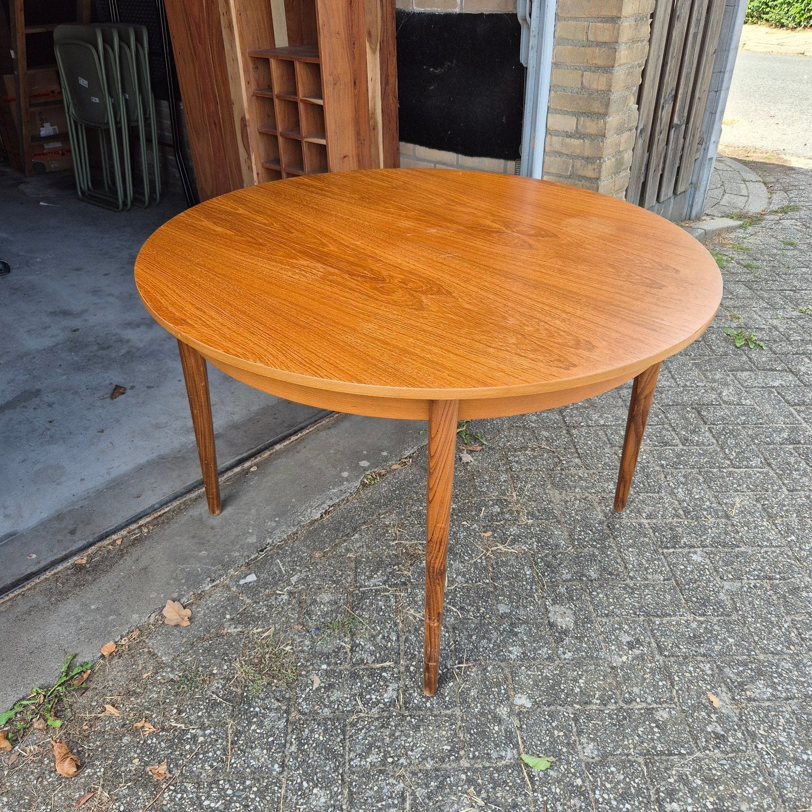 vintage ronde eetkamertafel  van Lubke uitschuifbaar teak  ., Tuin en Terras, Tuintafels, Ophalen, Rond, Teakhout