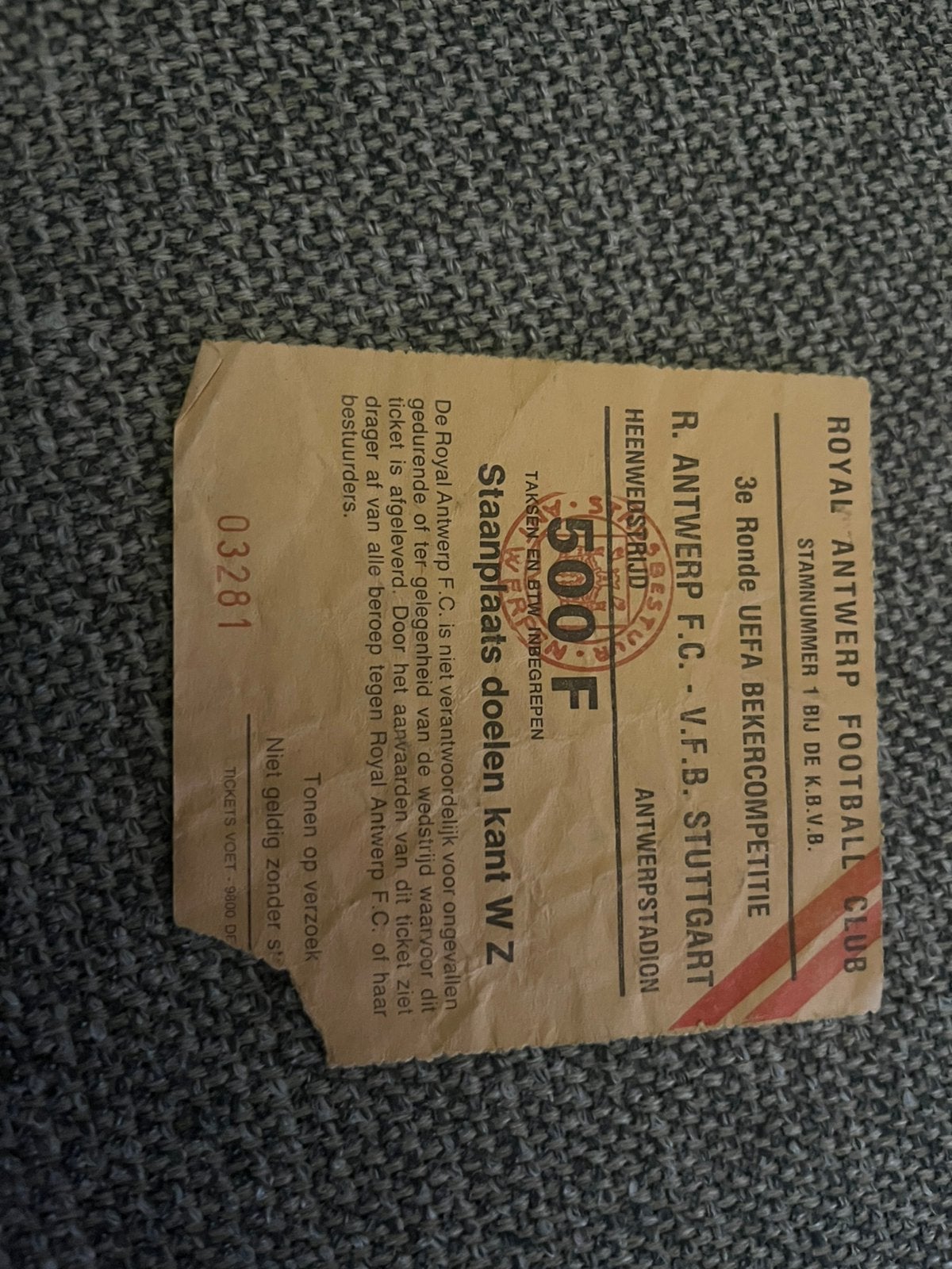 TICKET ANTWERP-VFB STUTTGART 89-90 UEFA CUP, Ophalen of Verzenden, Zo goed als nieuw, Buitenlandse clubs, Overige typen