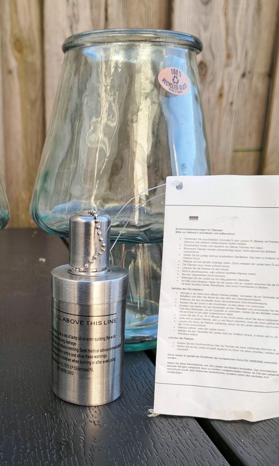 Glazen olielamp van gerecycled glas, Groen, Ophalen of Verzenden, Zo goed als nieuw, Modern