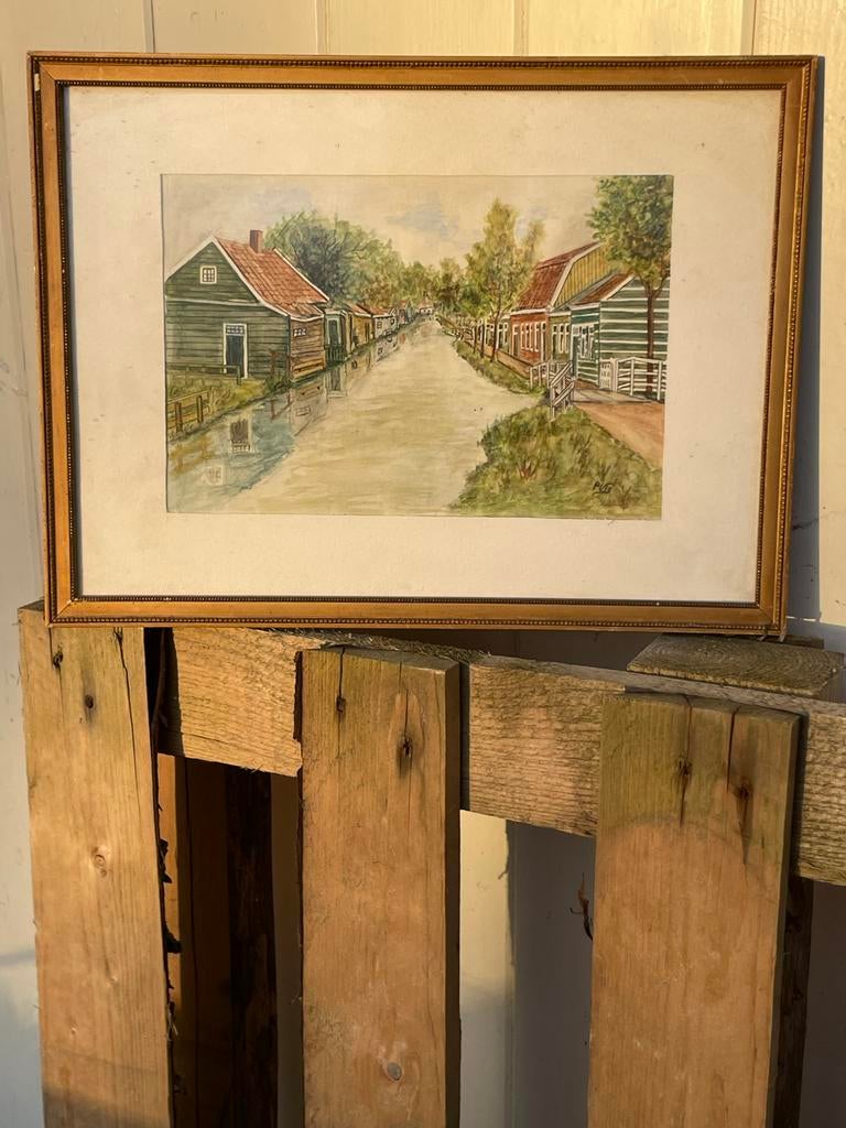 Schilderij met gracht en huizen, Antiek en Kunst, Kunst | Schilderijen | Klassiek, Ophalen of Verzenden