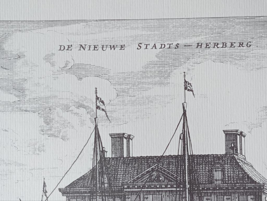 Jacob van Meurs Gravure De Nieuwe Stads Herberg, Ophalen of Verzenden