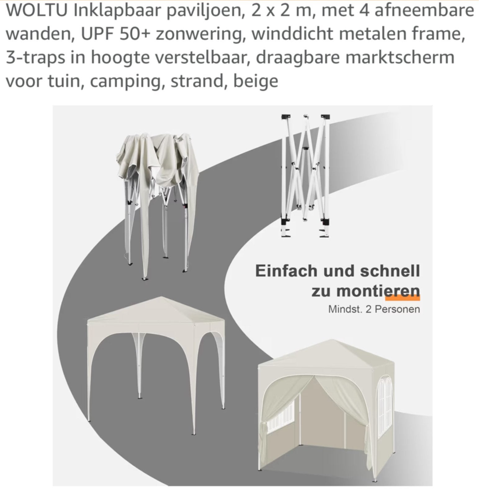WOLTU Inklapbaar paviljoen 2x2m met 4 afneembare wanden, Tuin en Terras, Partytenten, Opvouwbaar, Minder dan 4 meter, Nieuw, Paviljoen