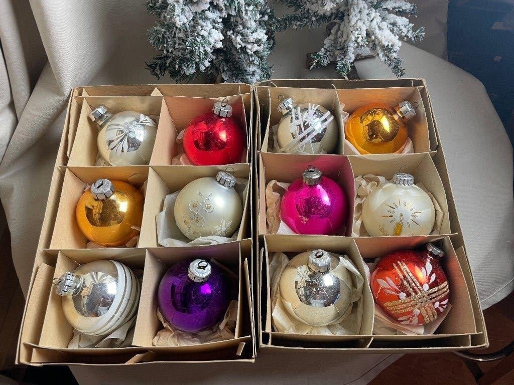 Vintage grote gekleurde en zilveren kerstballen, Diversen, Ophalen of Verzenden, Gebruikt