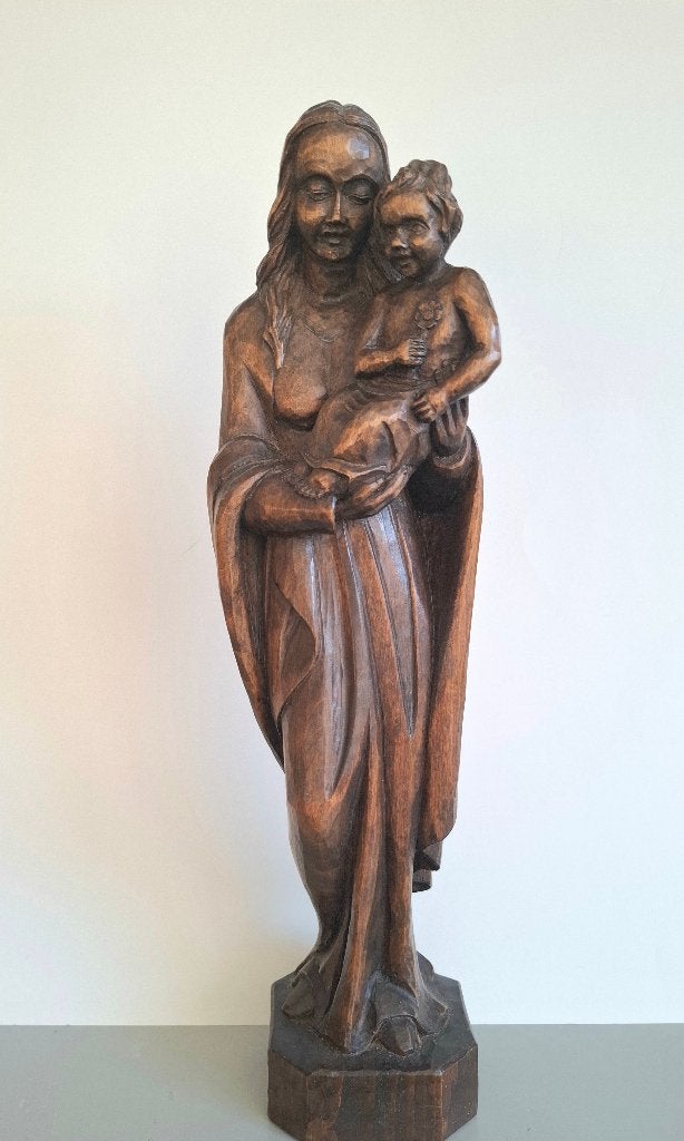 Oude houten beeld Maria met kindje Jezus, Antiek en Kunst, Ophalen of Verzenden