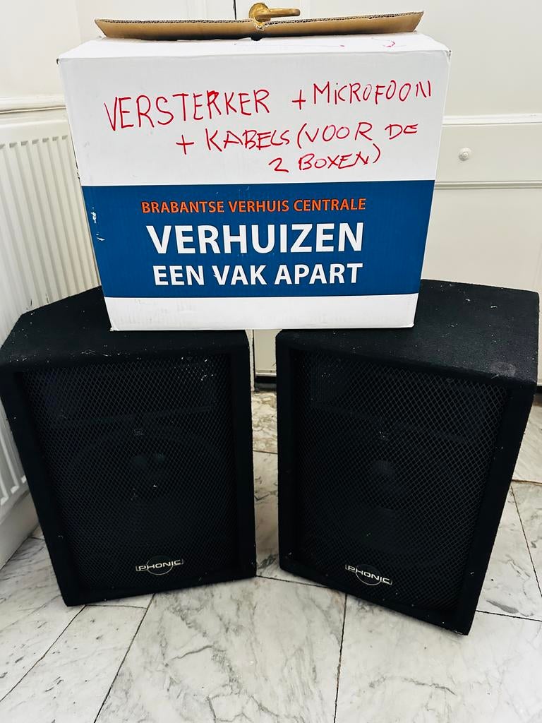 Complete PA Set: Versterker, Mic, Kabels & 2 Boxen, Ophalen of Verzenden, Gebruikt, 5 tot 10 kanalen, Microfooningang