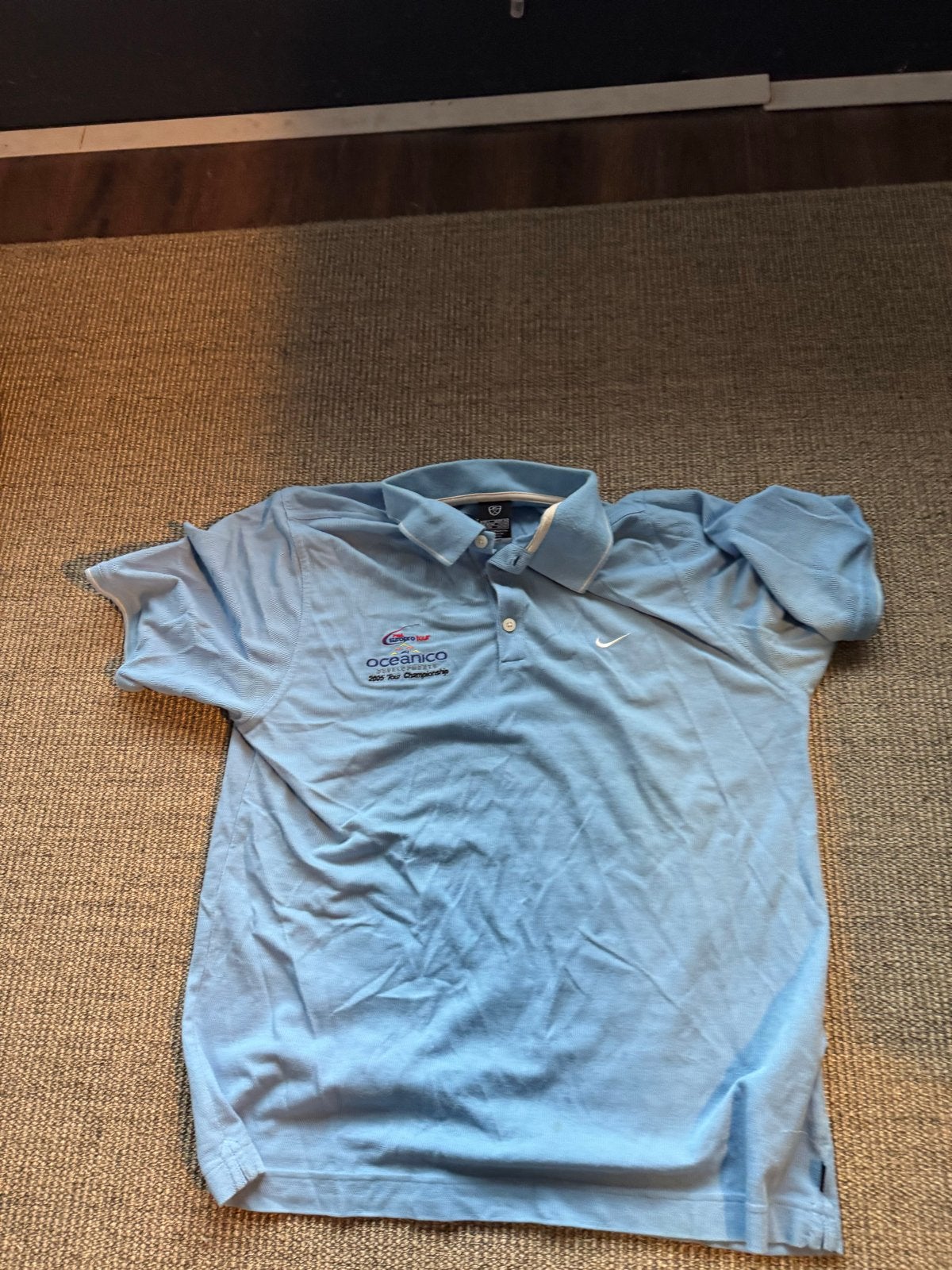 Nike Dri-Fit Golf Polo PGA Tour Oceanico Lichtblauw Maat L, Ophalen of Verzenden, Gedragen, Maat 52/54 (L), Blauw