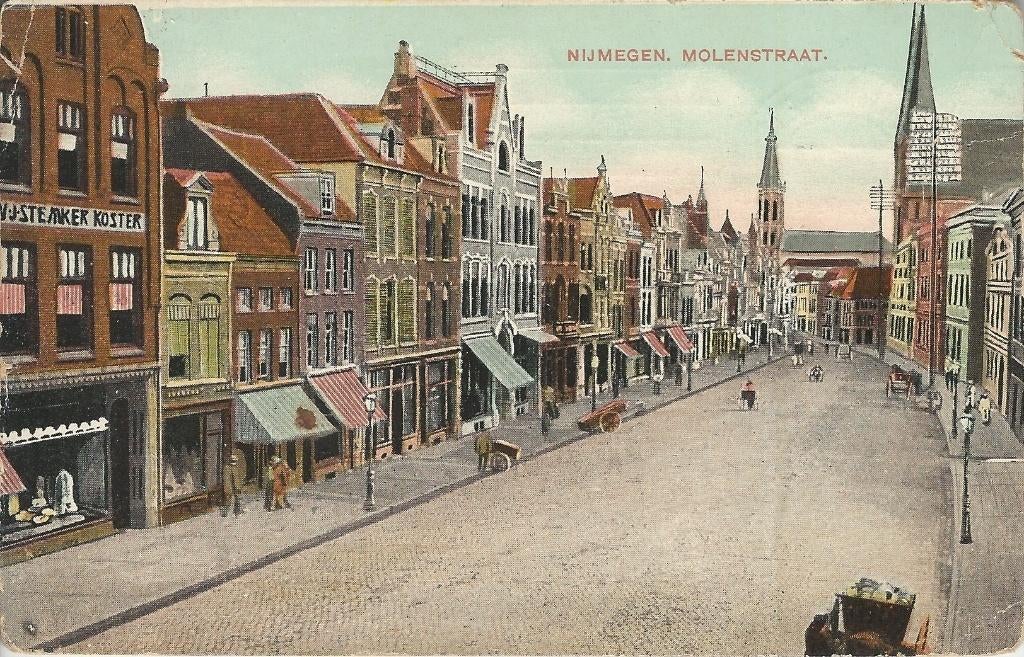AK Nijmegen Molenstraat Koster Stevenskerk handkar 1908, Ophalen of Verzenden, Voor 1920, Gelopen, Gelderland