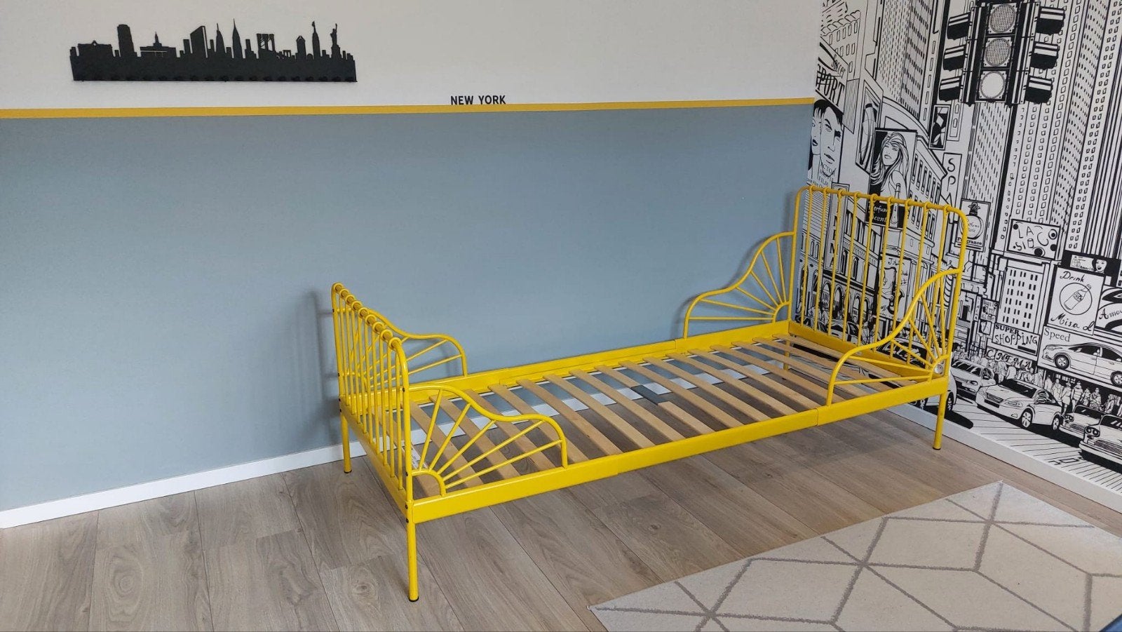 Ikea bed Minnen geel - uitschuifbaar - met lattenbodem, Ophalen, Gebruikt, 90 cm, 200 cm