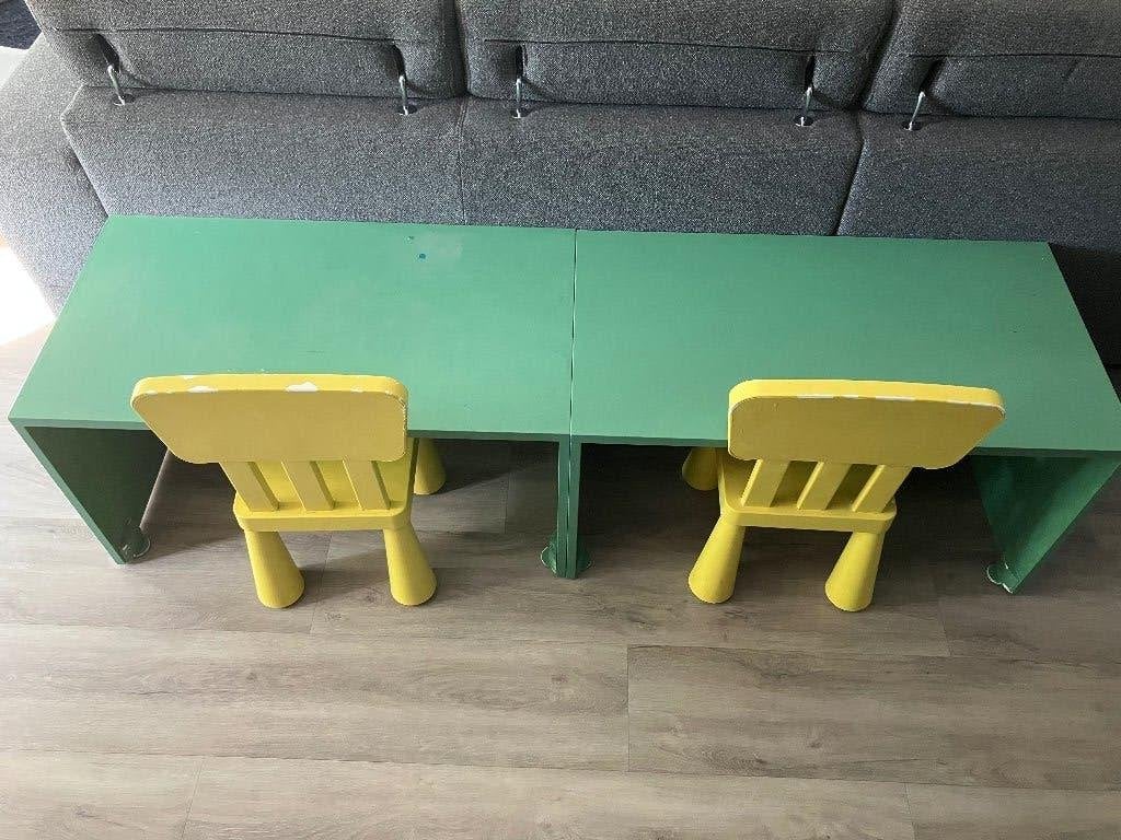 2 IKEA Mammut kinderstoel + 2 Smastad bureaus – groen/geel, Ophalen, Gebruikt, Tafel(s) en Stoel(en)