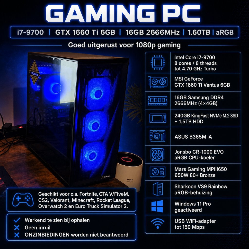 Gaming PC | GTX 1660 Ti 6GB | i7-9700 | 16GB | aRGB, Computers en Software, Desktop Pc's, Refurbished, Ophalen of Verzenden, 1.6TB