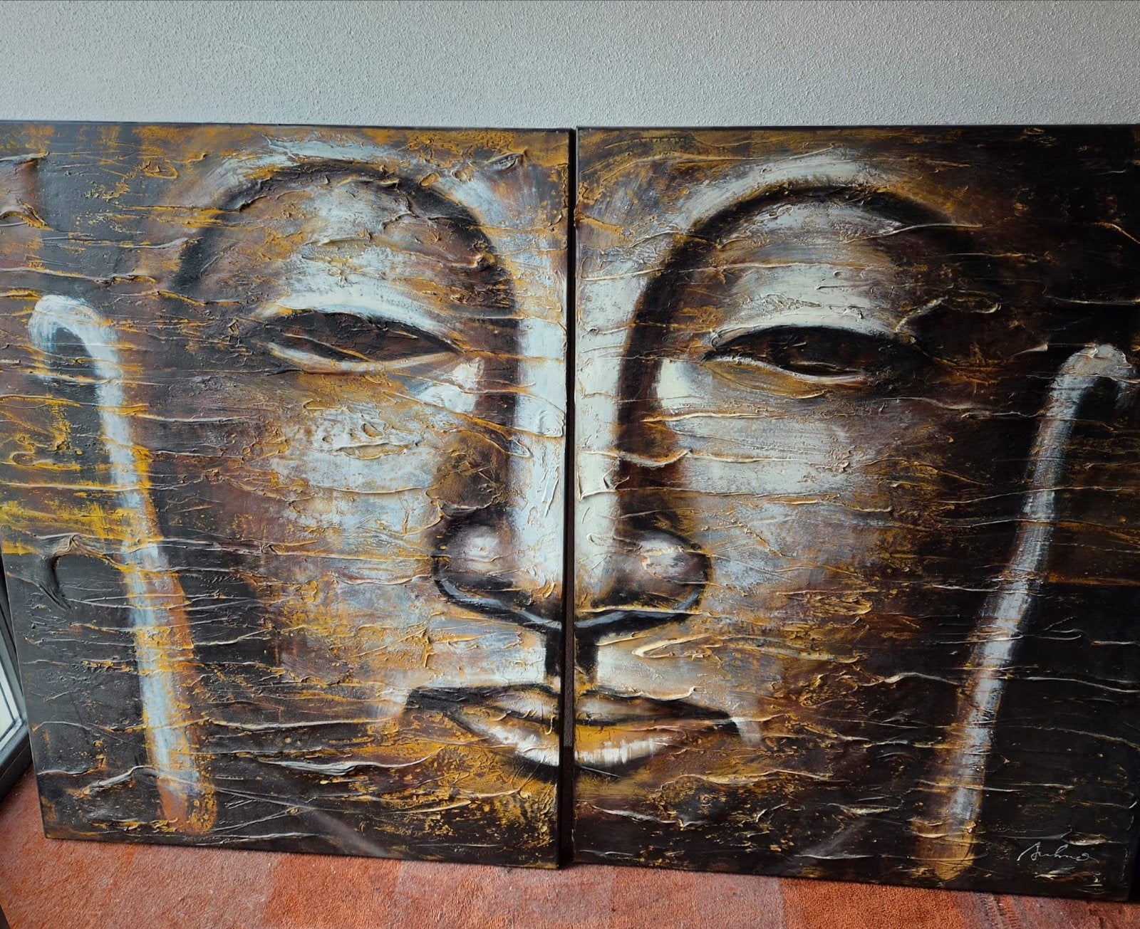 Boeddha Schilderij - Origineel Olieverf op Doek (2 delen), Doek, Realistisch, Ophalen of Verzenden, Gesigneerd