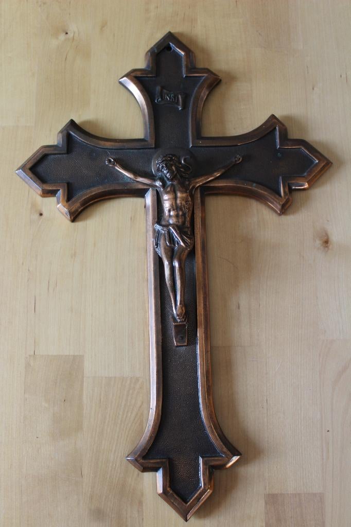 Koperen kruis met Jesus, Antiek en Kunst, Antiek | Religie, Ophalen of Verzenden