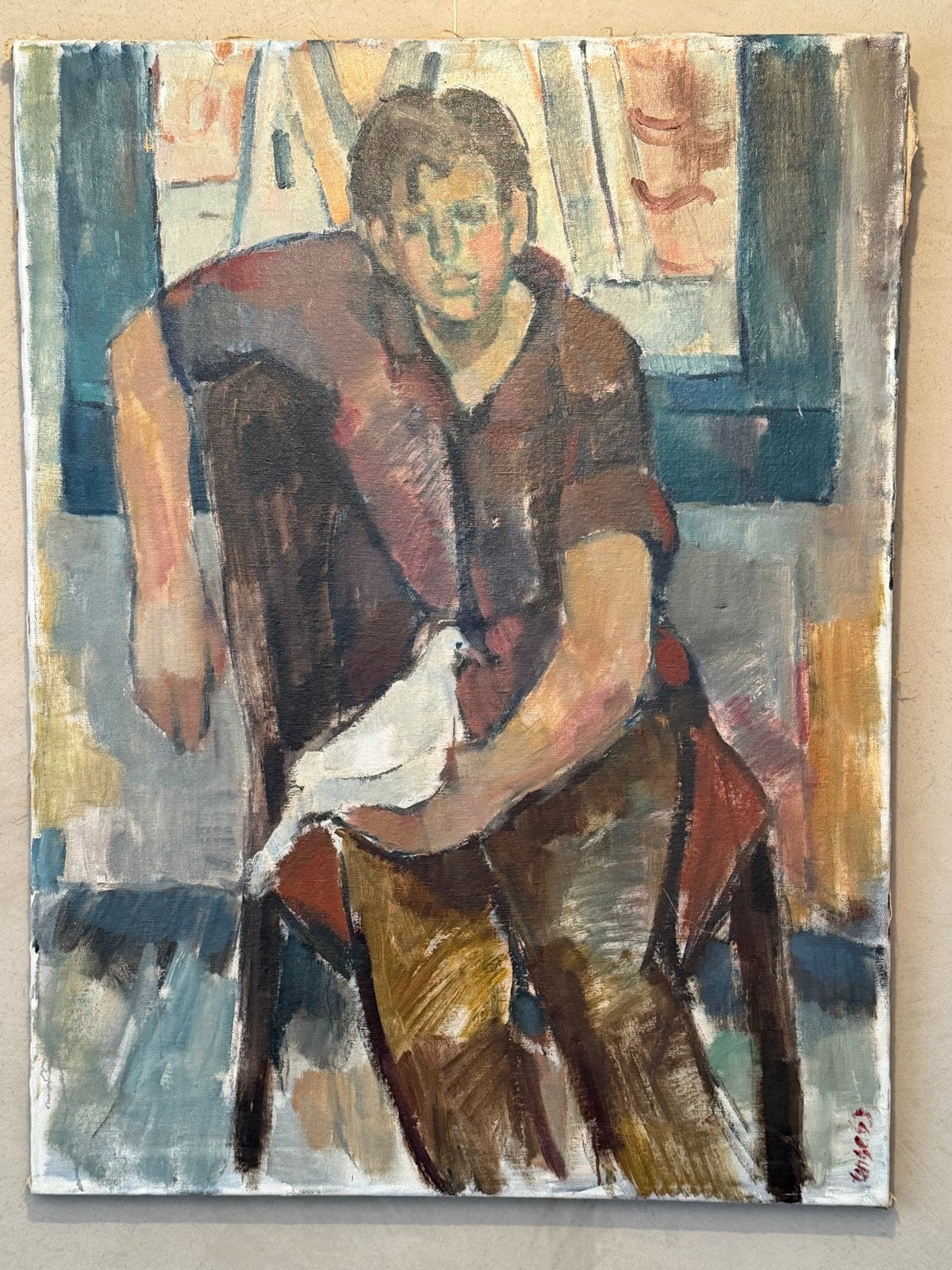 Jongen met Duif - B. Tenge (1963) olieverf schilderij, Antiek en Kunst, Ophalen, Doek, Portret of Personen, Expressionistisch