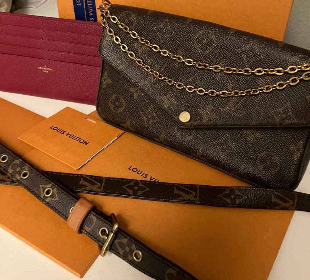 Louis Vuitton Pochette Felicie +  Strap nieuwprijs 1.650, Ophalen, Bruin, Avondtasje