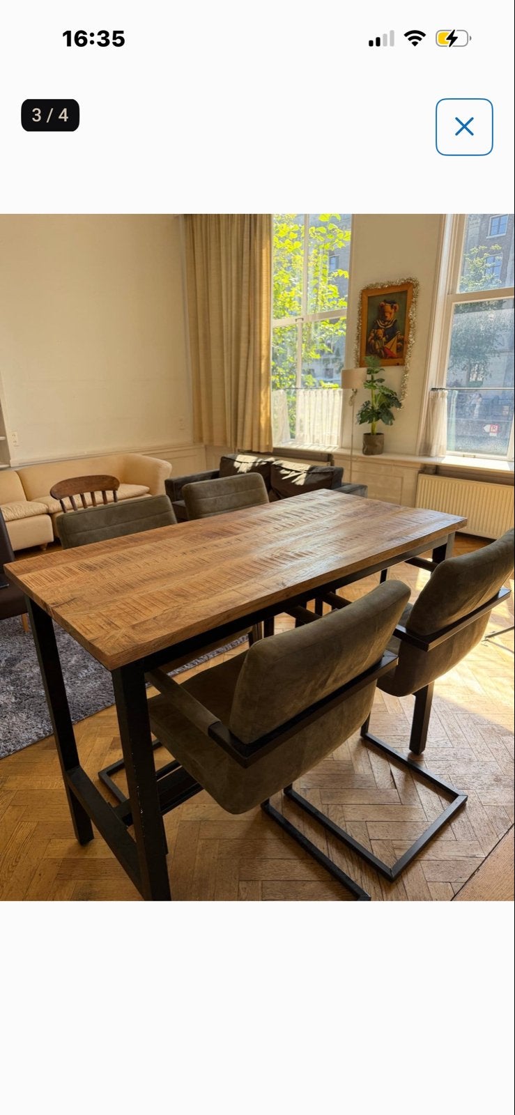 Industriële Bartafel met 4 groene barstoelen, Huis en Inrichting, Ophalen, Zo goed als nieuw