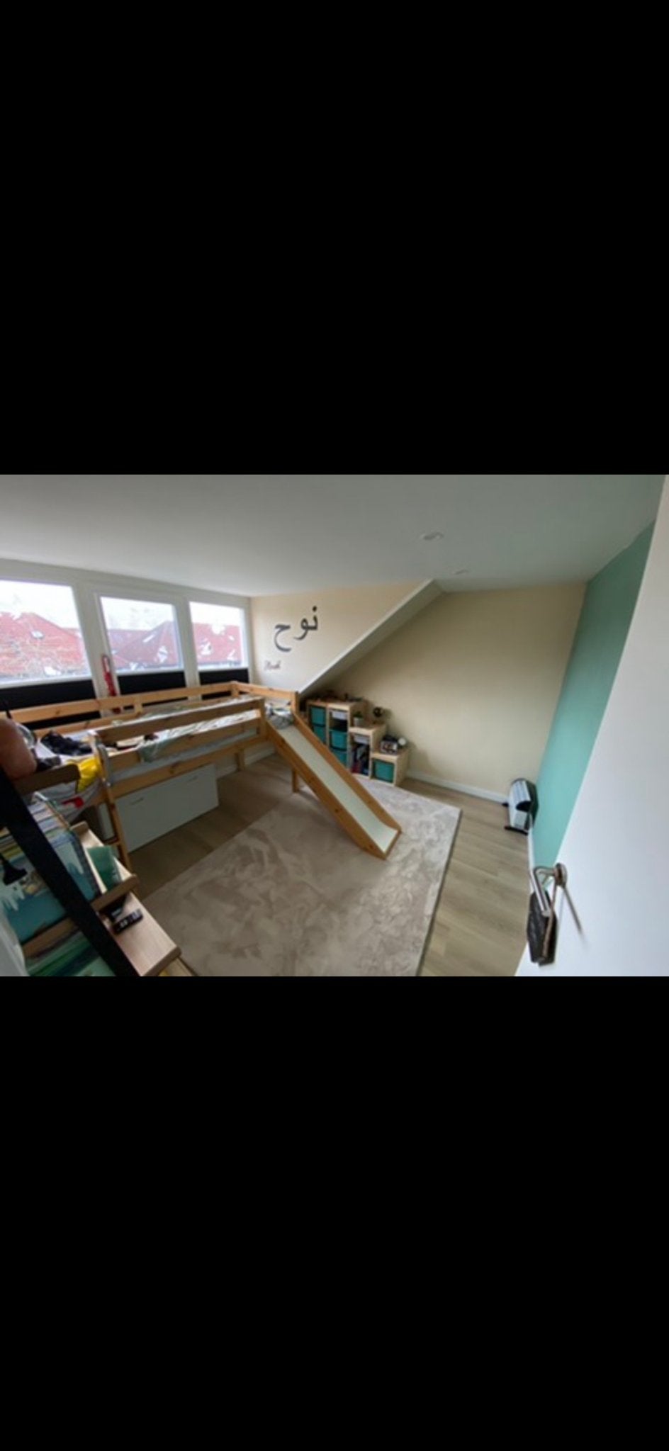 Hoogslaper met glijbaan en klimrek, ruimte thema gordijnen, Ophalen, 85 tot 100 cm, Gebruikt, Hoogslaper of Stapelbed