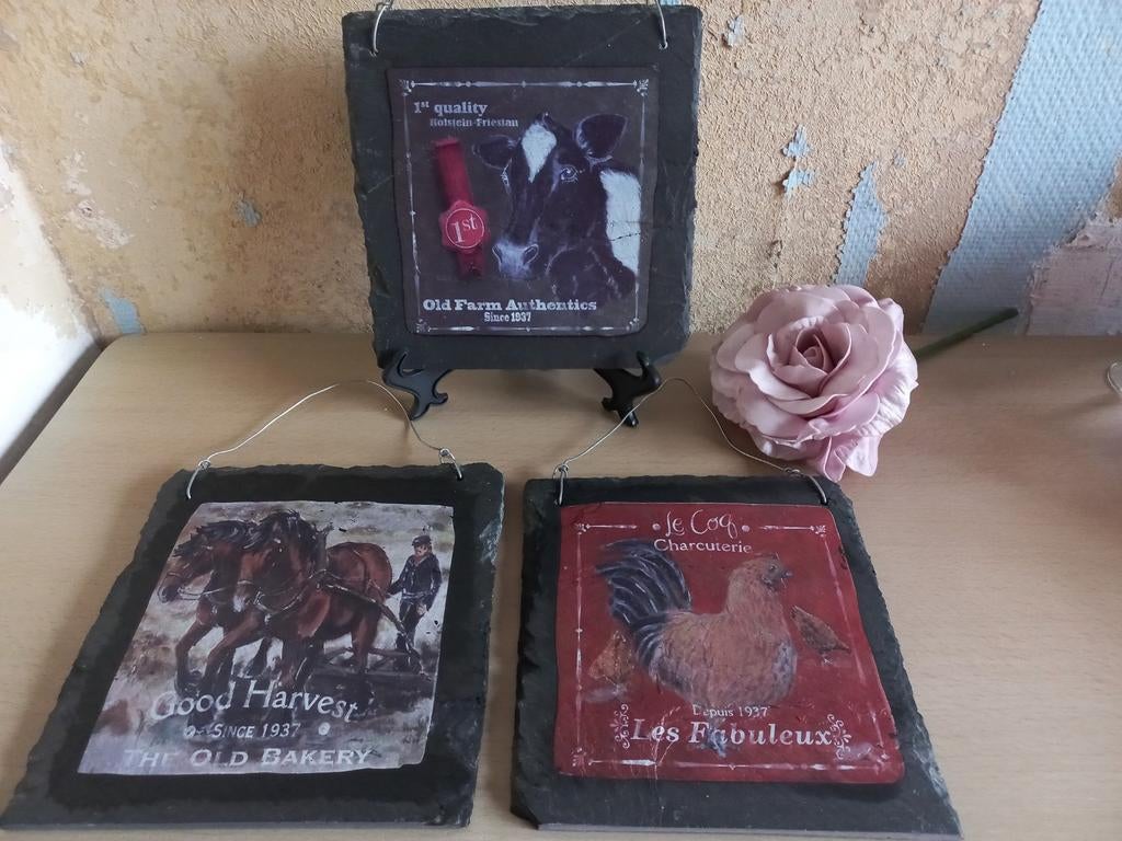 Leisteen reclameprentjes - Set van 3 - 20x20 cm, Gebruikt, Vintage, Decoratieobject, Steen/keramiek