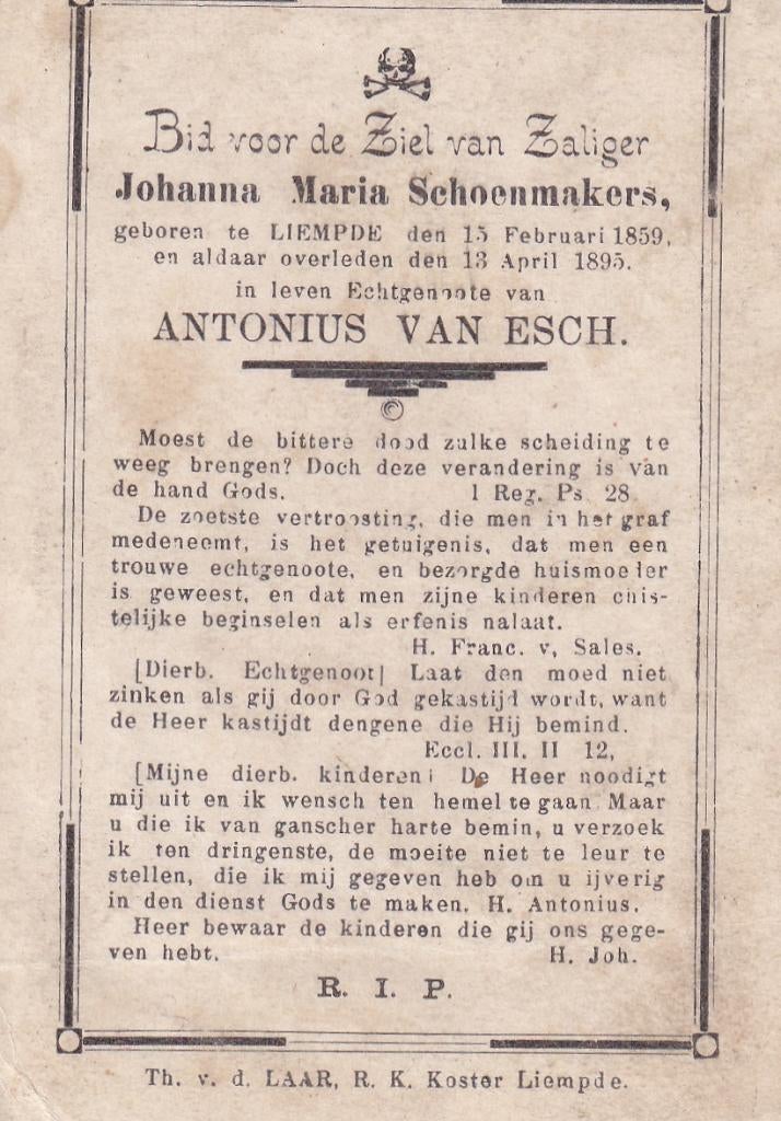 Schoenmakers Johanna 1859 Liempde 1895, Ophalen of Verzenden, Bidprentje