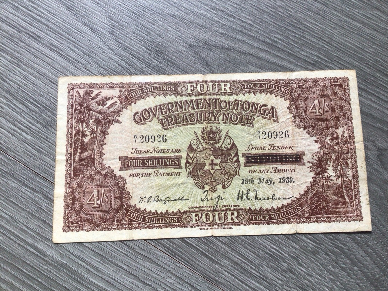 Tonga 4 Shillings Treasury Note overprint1939, Postzegels en Munten, Ophalen of Verzenden, Los biljet