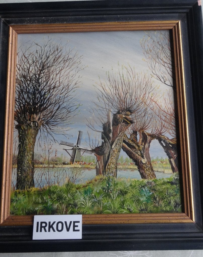 OLIEVERF * KNOTWILGEN EN EEN MOLEN * Op Paneel *, Olieverf, Klassiek, Doek, Verzenden