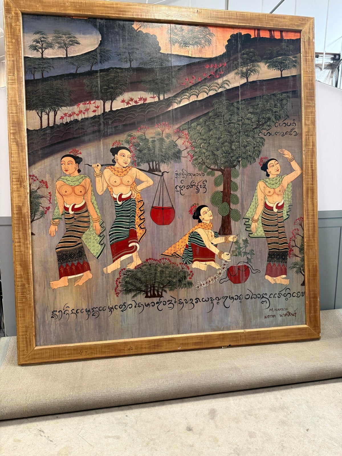 Groot decoratief Thais schilderij op canvas-  met figuren, Antiek en Kunst, Kunst | Niet-Westerse kunst, Ophalen, Schilderij, Overige materialen