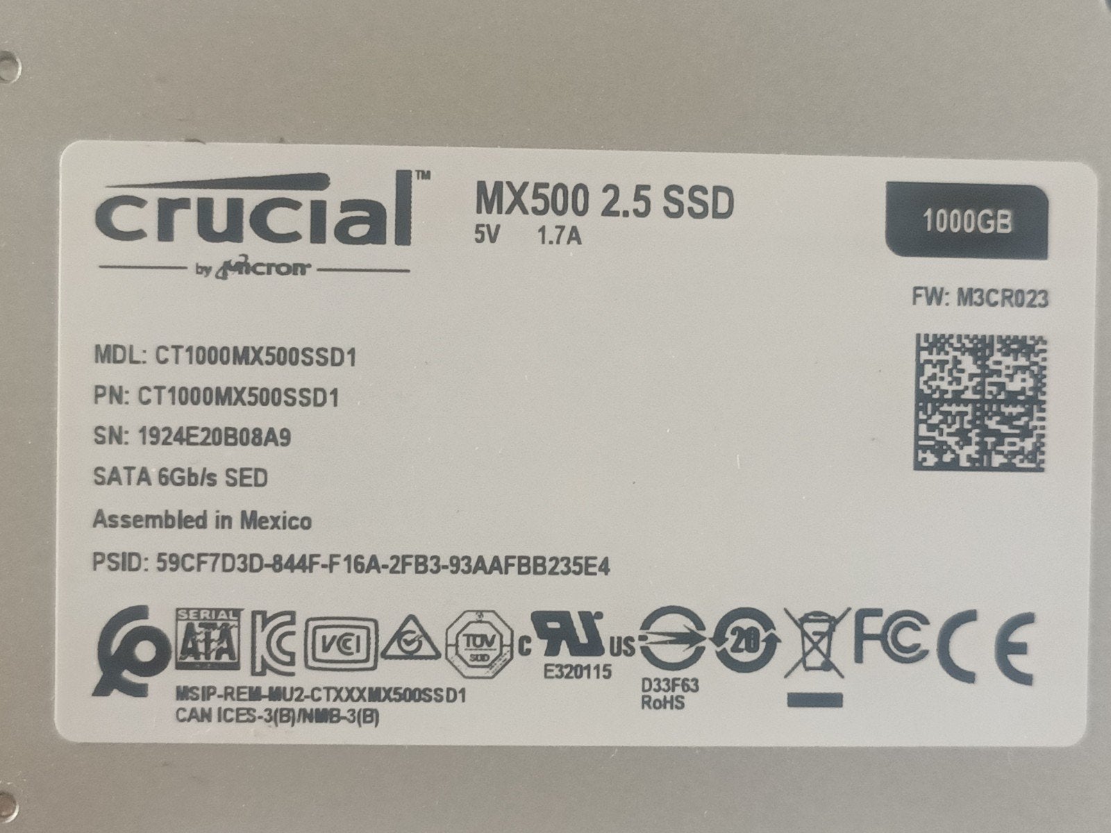 Crucial MX500 2,5 Sata SSD 1TB, Computers en Software, Intern, Ophalen of Verzenden, Zo goed als nieuw, Crucial