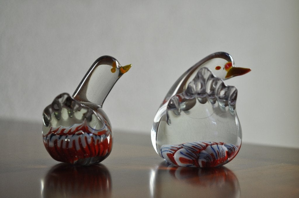 Vintage Beeldje Eend Glas 6,5 en 5,5 cm, Ophalen of Verzenden, Gebruikt, Vogel, Beeldje of Figuurtje