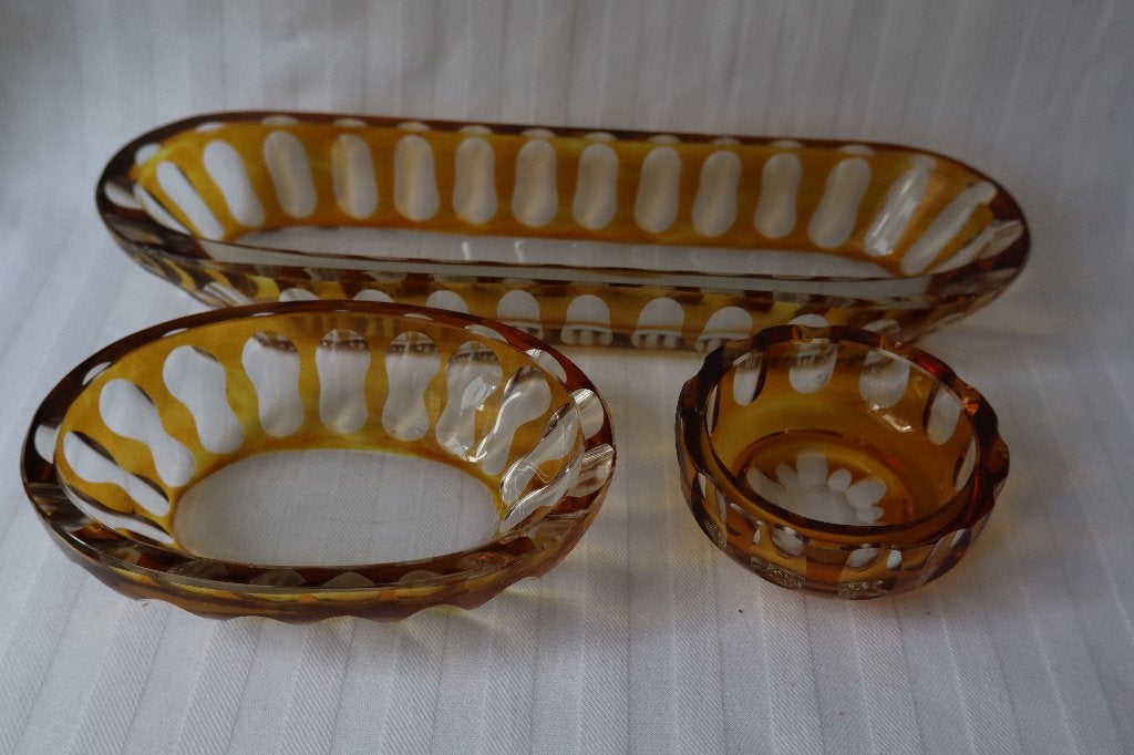 Antieke kaptafel schaaltjes amber glas c 1930, Ophalen