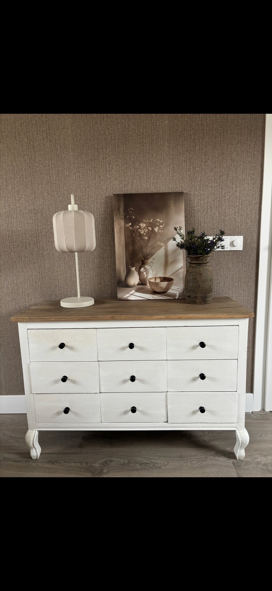 Mooie witte ladekast met houten blad en 9 laden, Ophalen, Gebruikt, 100 tot 150 cm, 5 laden of meer
