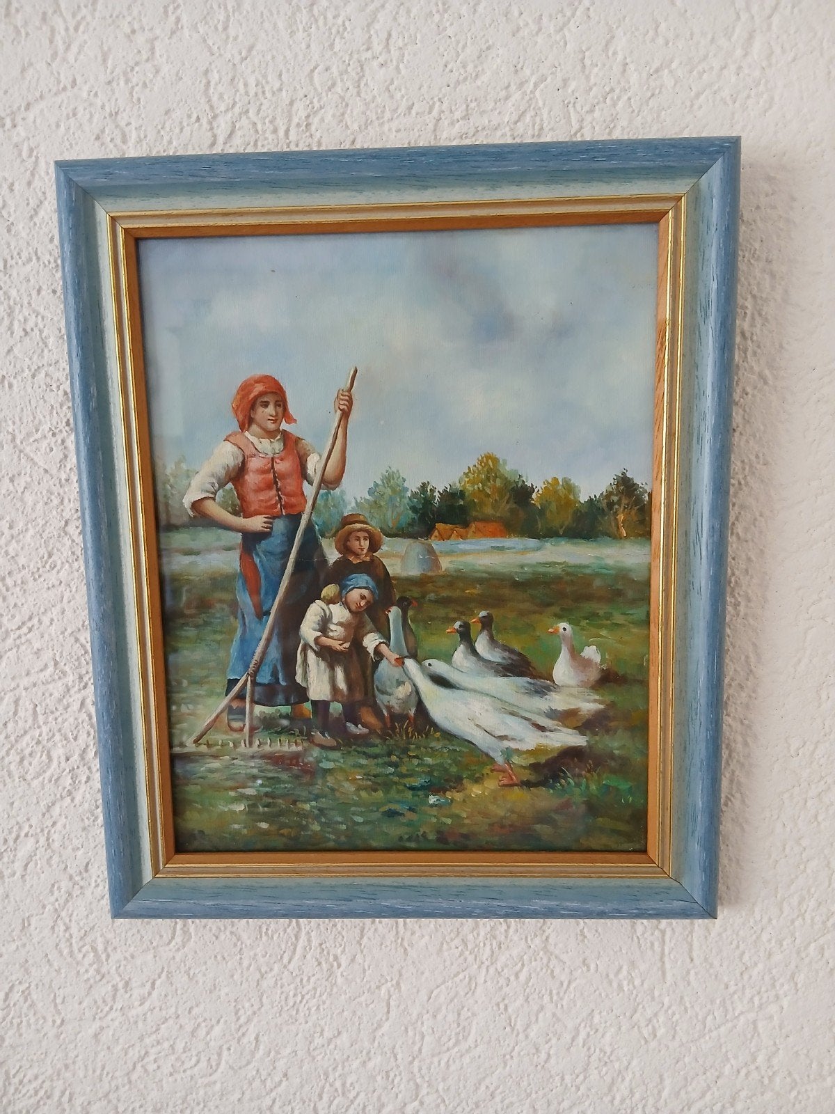 Oud Hollands tafereel: boerin met kinderen en ganzen, Antiek en Kunst, Kunst | Schilderijen | Klassiek, Ophalen of Verzenden