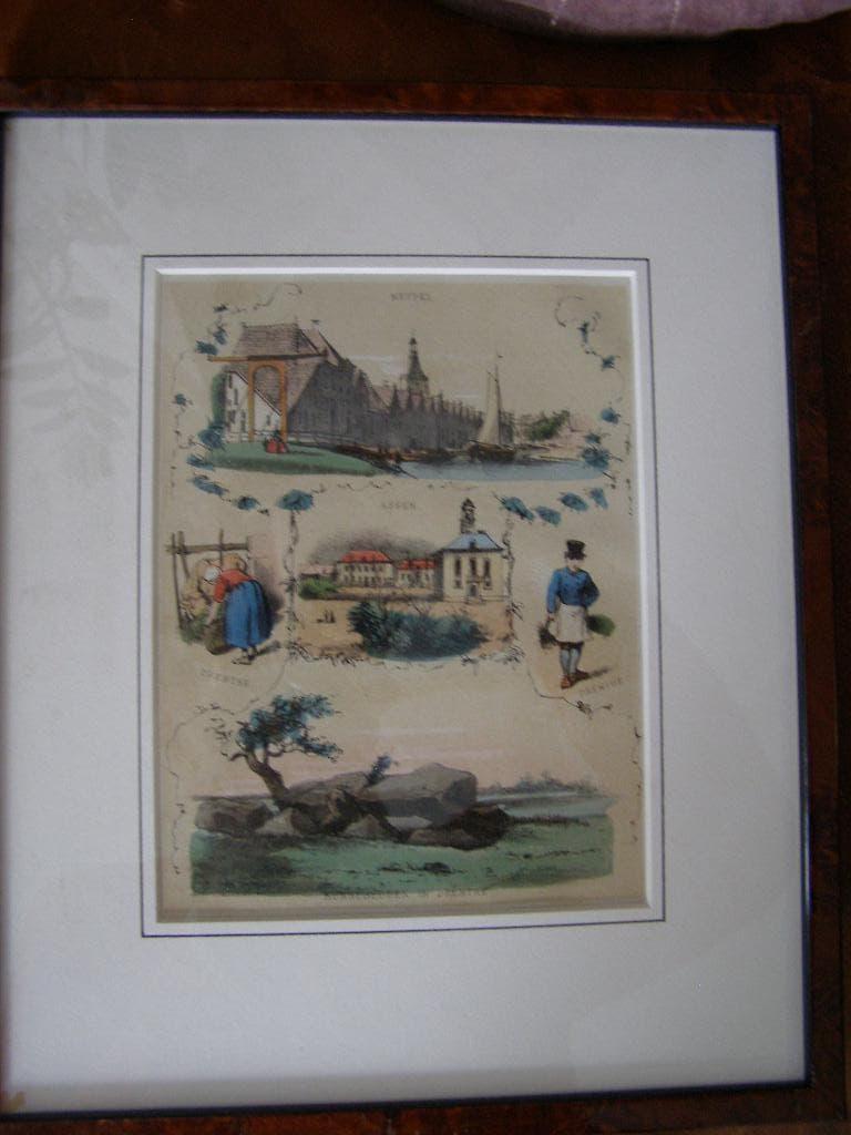 litho Drenthe met  Assen, Meppel, Hunebed ingelijst 27x22cm, Antiek en Kunst, Ophalen of Verzenden