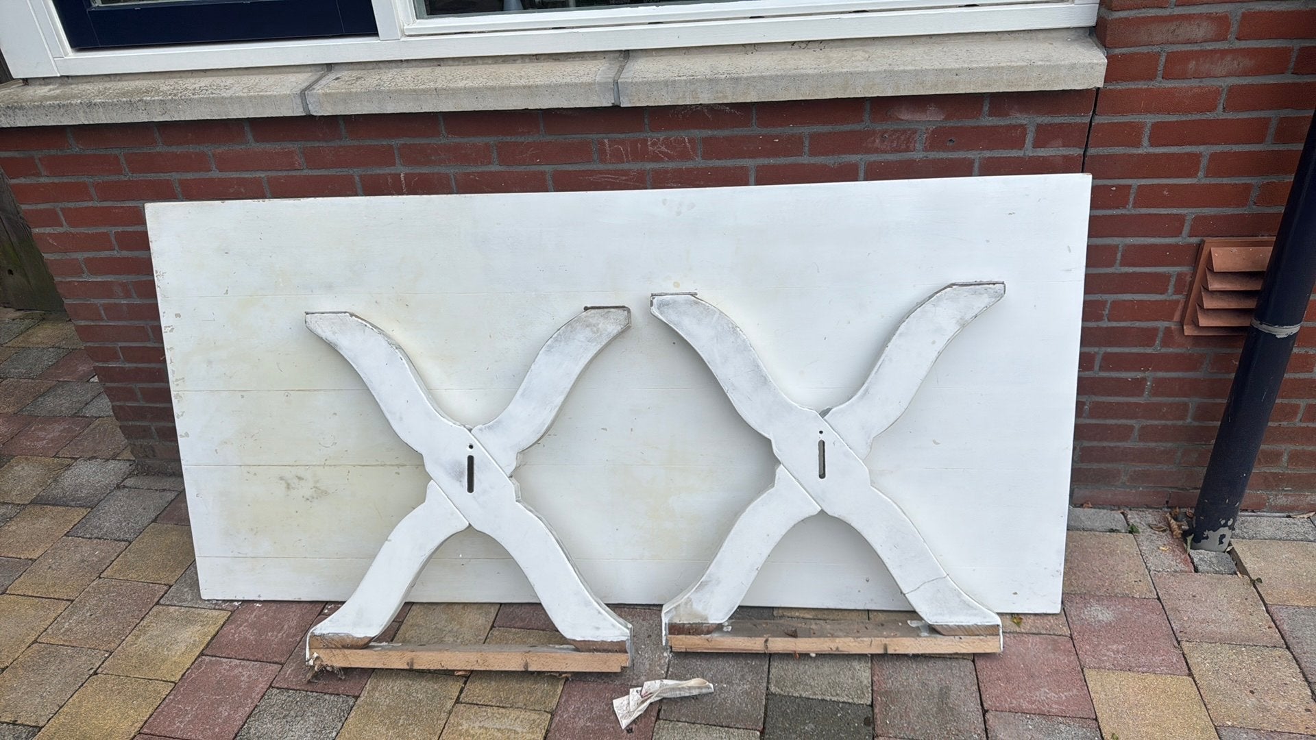 Grote eettafel met x poten, Ophalen, Gebruikt, Teakhout, 200 cm of meer