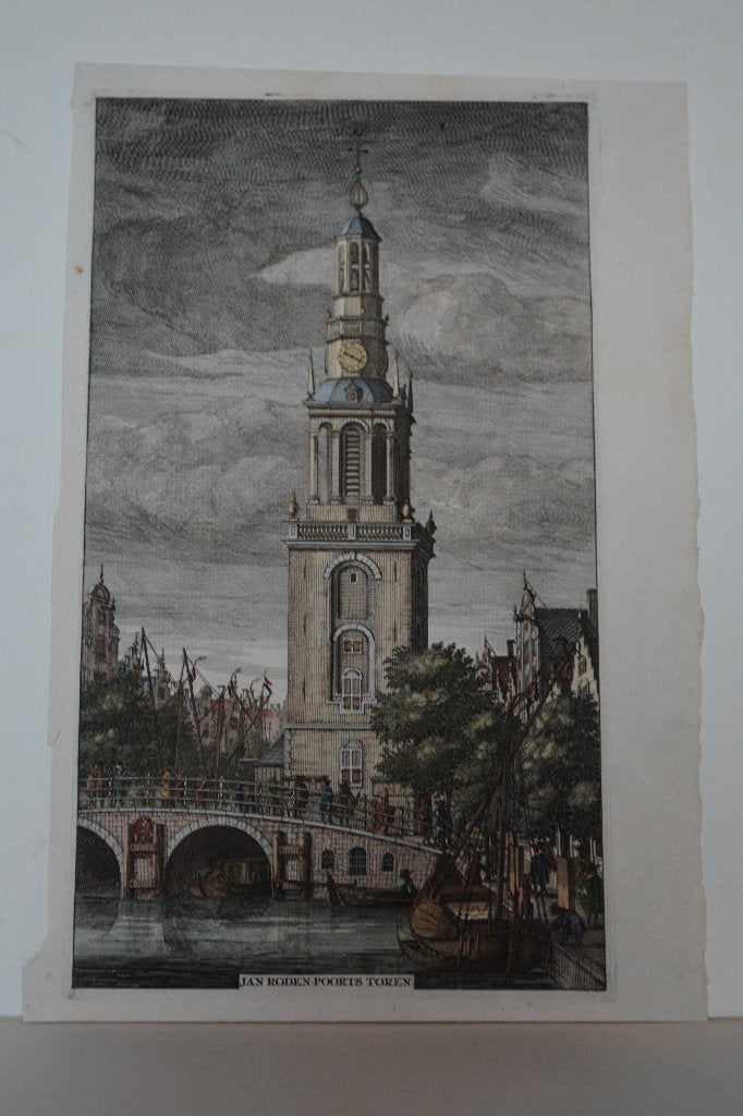 AMSTERDAM SINGEL JAN RODENPOORTSTOREN TORENSLUIS Gravure GJ3, Antiek en Kunst, Verzenden, Stadsgezicht, 27 cm, Gravure