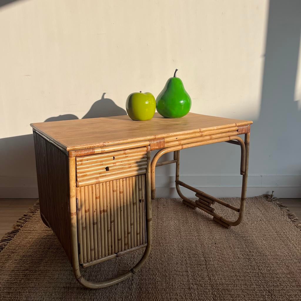 Rotan bamboe bureau Mid Century Vintage, Huis en Inrichting, Bureaus, Ophalen, Vintage, Zo goed als nieuw, X
