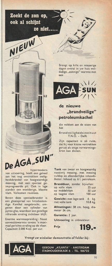 retro reclame 1959 Aga Sun petroleum kachel brandveilig, Verzamelen, Verzenden, Overige typen