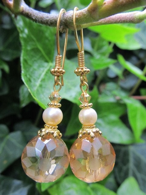 Oorbellen Magdeline kristalglas-parel-swarovski goud, Hangers, Bruin, Nieuw, Goud