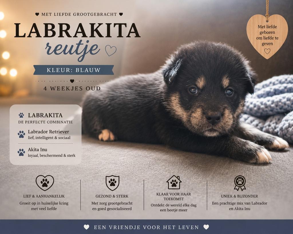 Labrakita pups (Labrador x akita inu), HCC (leverziekte), 8 tot 15 weken, Labrador retriever, Meerdere