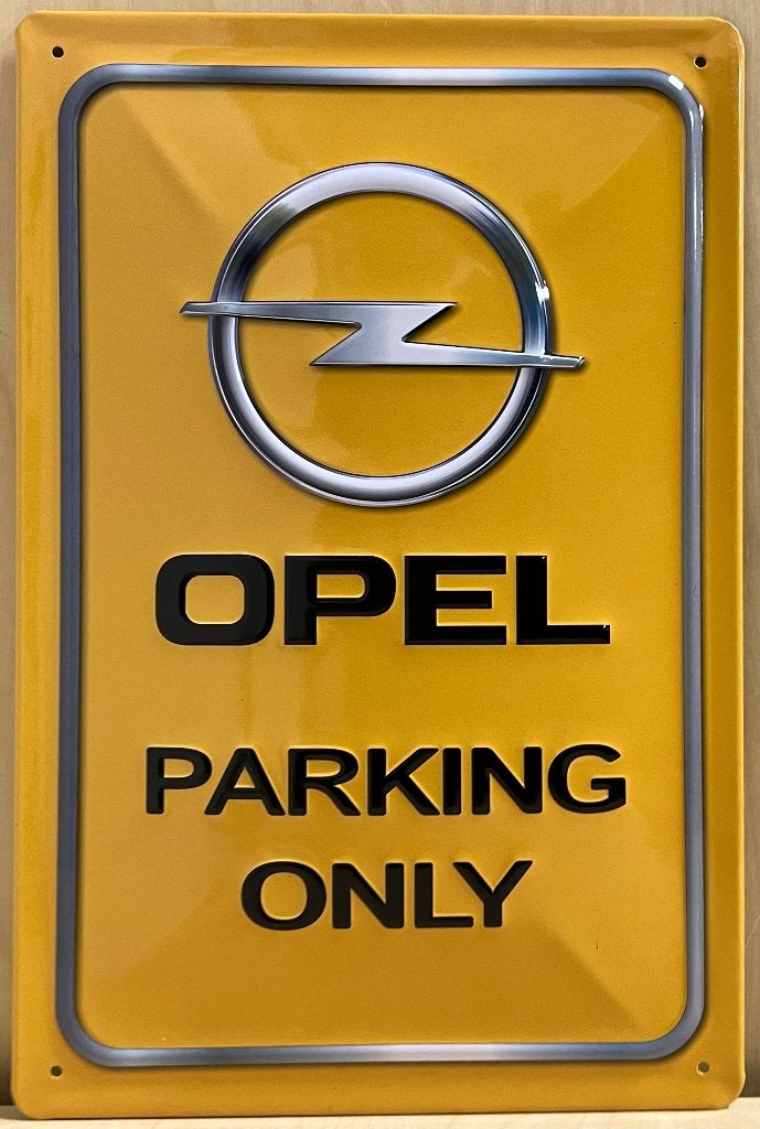 Opel Parking Only geel relief reclamebord van metaal deco, Verzamelen, Ophalen of Verzenden, Nieuw, Auto's