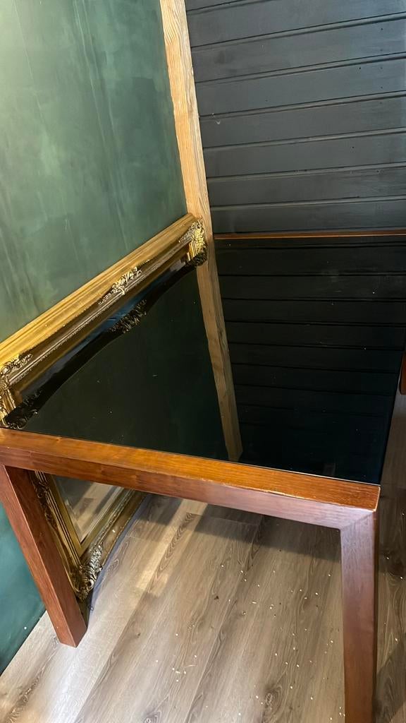 Zwart glazen eetkamertafel met houtlook frame, Huis en Inrichting, Tafels | Eettafels, Ophalen, 50 tot 100 cm, Vijf personen of meer