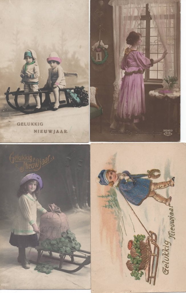 Fantasie 4x Gelukkig Nieuwjaar 4, Verzenden, Voor 1920, Feest(dag)