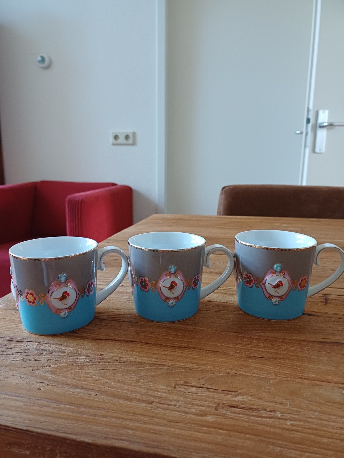 3x pip studio mokjes, blauw met taupe kleur, Ophalen, Pip Studio, Mok, Zo goed als nieuw