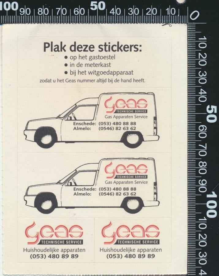 Sticker: Geas Technische Service - Enschede - Almelo, Ophalen of Verzenden, Zo goed als nieuw, Bedrijf of Vereniging