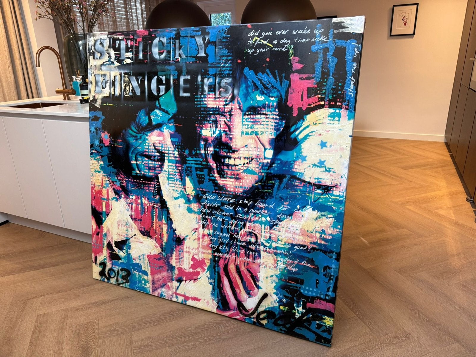 Origineel Jacks Art "Sticky Fingers" kunstwerk 140 x 140, Ophalen, Gelakt/vernis, Gemengde techniek, Muziek