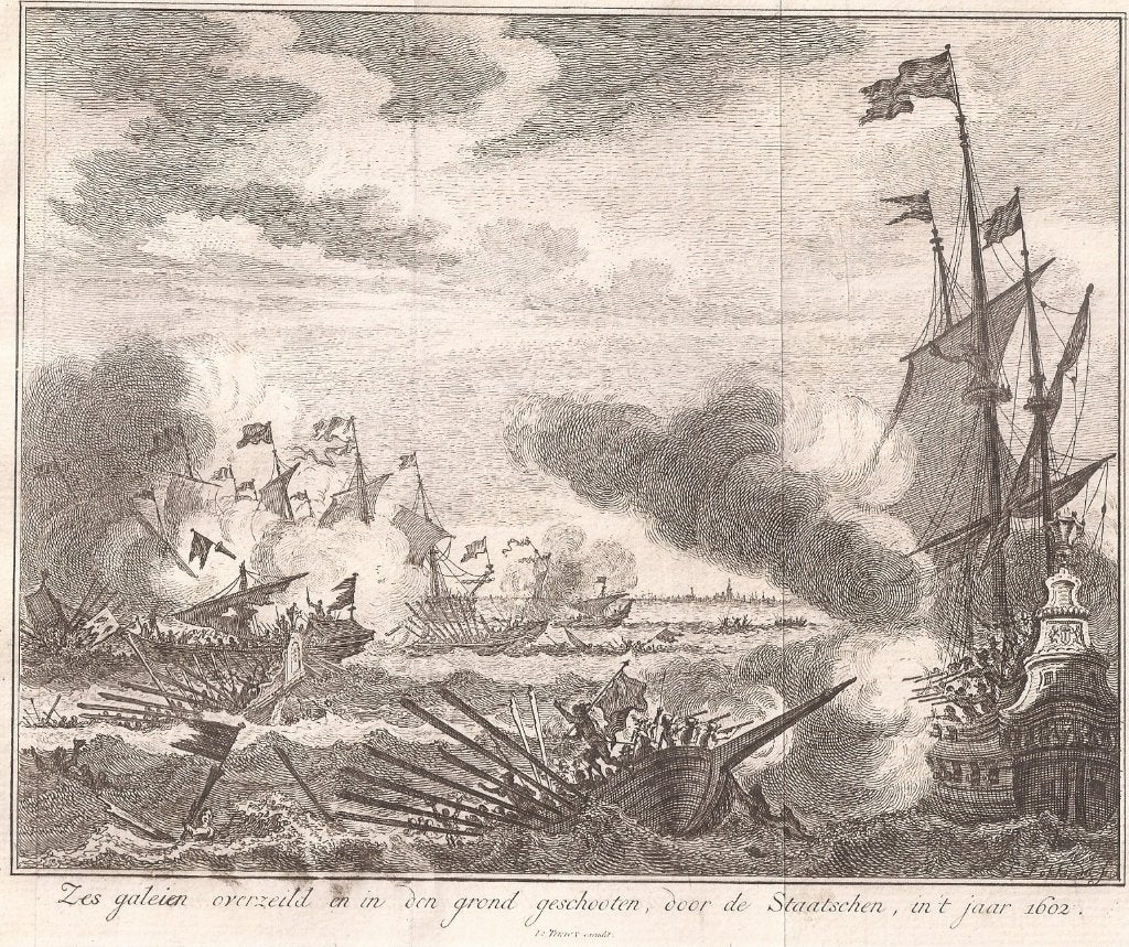 Zes galeien overzeild en in den grond geschooten,door de Sta, Antiek en Kunst, Origineel, 19 cm, Militair, Ophalen of Verzenden
