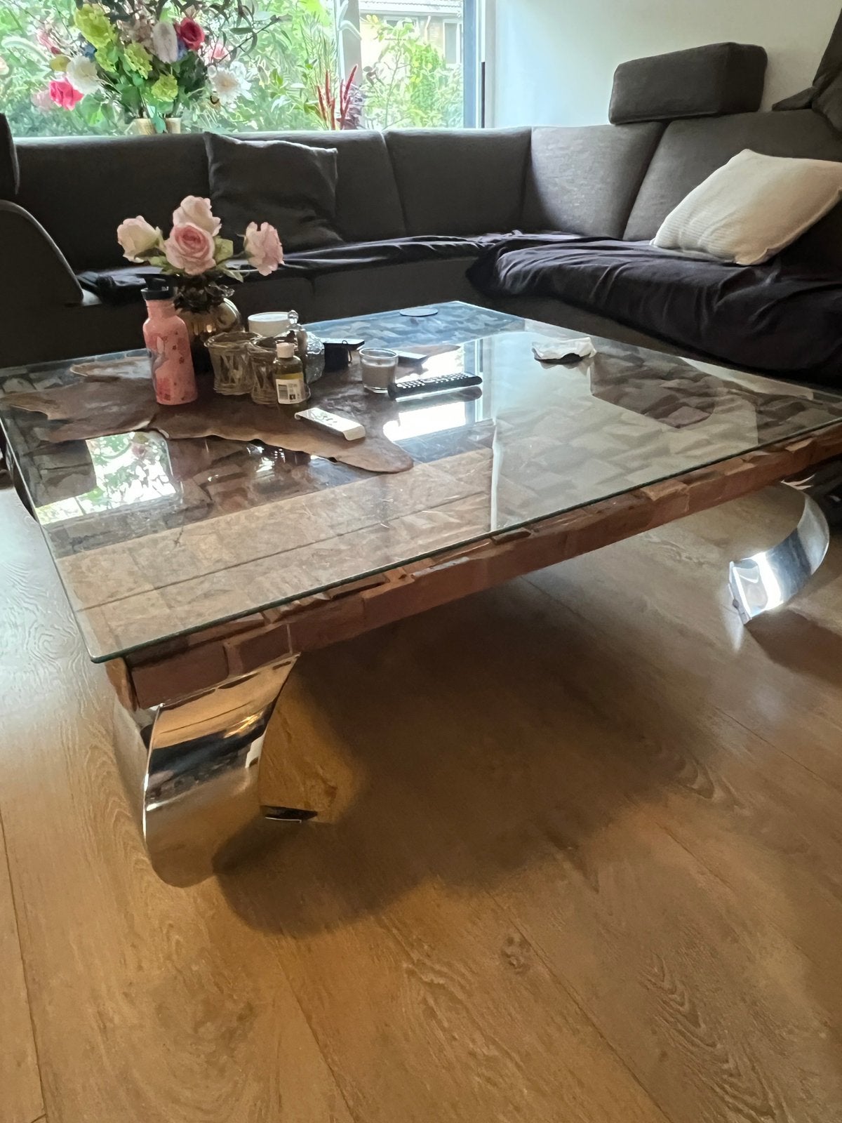 Salontafel hout met glas Rofra, Huis en Inrichting, Ophalen, Vierkant, Overige houtsoorten, Zo goed als nieuw